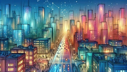 Pastel Glass Buildings and Beings of Light Traveling on Floating Discs in a Twilight Cityscape