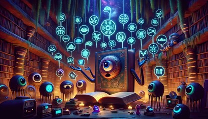 Sentient Books and Mixed Media Items in Bioluminescent Library with Ancient Tree Shelves