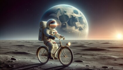 Obraz premium Astronaut's Vintage Lunar Journey: Earthrise and Antique Bicycle on Moon's Surface