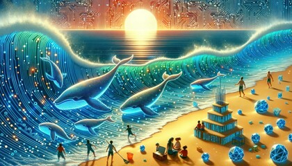 Surreal Coastal Landscape with Glowing Circuit Sand, Binary Code Sea, and Disco Ball Sun with Diverse Family Building Geometric Sandcastle