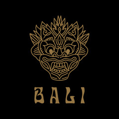 Barong ornate line contour silhouette text icon clipart graphics on black background. Square vector illustration of Bali Asian Indonesia folklore mask.