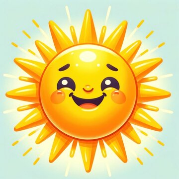 Smiling Cartoon Sun with Radiant Beams Against Blue Sky, Symbolizing Joy and Warmth