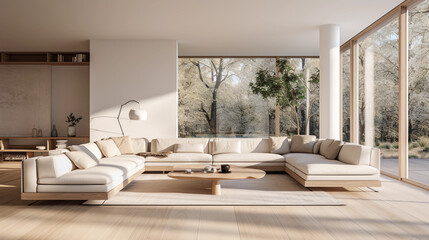 Beautiful minimalistic living room with big windows and natural light