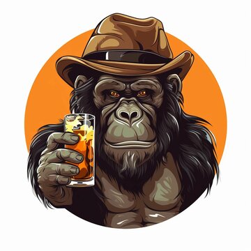 AI generated illustration of a gorilla wearing a hat while holding a glass of alcoholic beverage