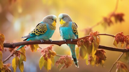 Beautiful two love birds happy fischer's faced illustration picture AI generated art - obrazy, fototapety, plakaty