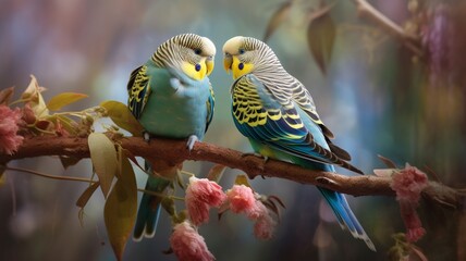 Beautiful two love birds happy fischer's faced illustration picture AI generated art - obrazy, fototapety, plakaty