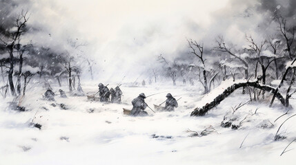 Snow-covered landscape with warriors, serene nature