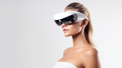 Fototapeta premium Caucasian blonde woman in virtual reality glasses on a white background. Copy space. Banner template of person in white VR goggles. Concept of entertainment, technology, game, artificial intelligence