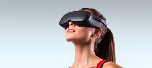 Caucasian brunette woman in virtual reality glasses on white background. With copy space. Banner template of Person in black VR goggles. Concept of technology, game, entertainment