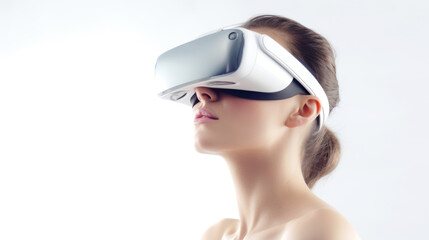 Fototapeta premium Caucasian brunette woman in virtual reality glasses on a white background. Close up. Banner template of person in white VR goggles. Concept of technology, game, entertainment, artificial intelligence.