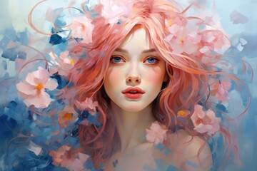 Beautiful young woman with long pink hair on background of delicate blue pink flowers. Modern girl in the old style of Impressionism oil painting. Girl from dreams. For cards, Wall Decoration