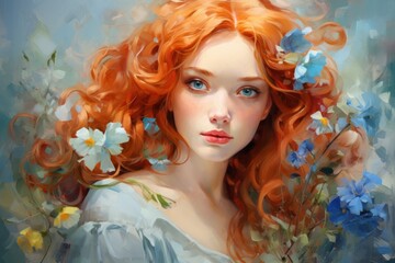 Portrait of beautiful young woman with long red hair on background of delicate blue flowers. In style of oil painting. Girl from dreams. Ideal for cards, greetings, Wall Decoration