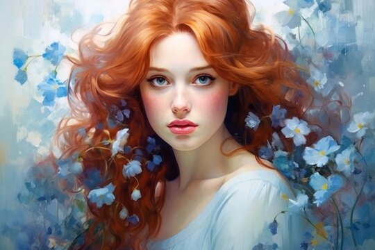 Portrait of beautiful young woman with long red hair on background of delicate blue flowers. In the style of Impressionist oil painting with rough large strokes. Girl from dreams. For cards, greetings