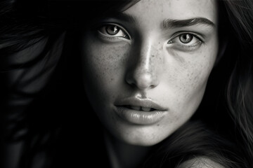gros plan noir et blanc d'une jeune femme au regard clair avec tâches de rousseurs sur le visage