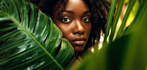 African woman model posing in green jungle leaves. Generative AI
