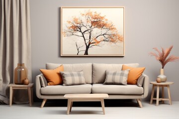 Oriental Elegance: Ombre Grey Sofa and Tree in Captivating Still Life
