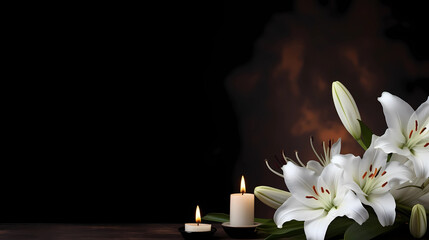 Remembering in Silence: Lily and Candle on Dark Background - obrazy, fototapety, plakaty