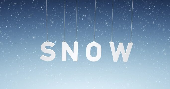 Snow letters swing on string on loop snowfall animation. Concept new year holidays decoration background.