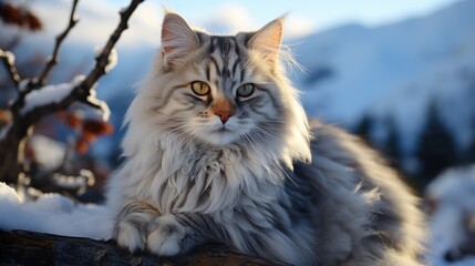 Obraz premium a close up of a cat sitting on a tree branch with snow on the ground and mountains in the background. generative ai