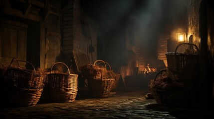 Wicker baskets on a dimly lit alleyway illuminated by lanterns, AI-generated. - obrazy, fototapety, plakaty