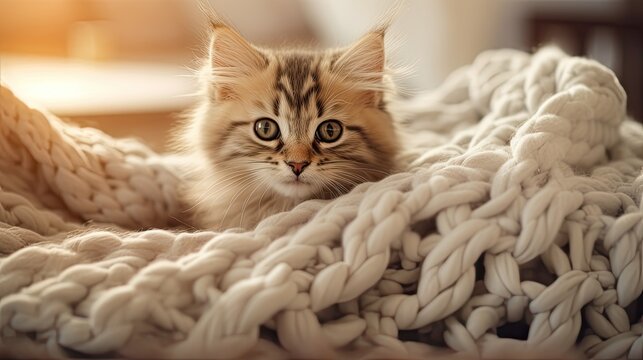 kitten in a blanket, using soft natural light to illuminate the kitten on the blanket.