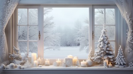  a window with a view of a snowy landscape and a christmas tree with lit candles in front of the window.  generative ai