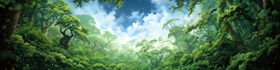Fototapeta premium Lush green forest panorama with a blue sky