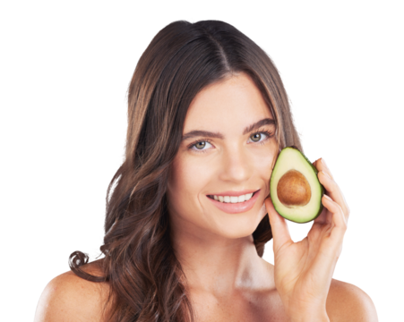 Portrait, avocado and woman with cosmetics, smile and dermatology isolated on a transparent background. Face detox, person and model with nutrition, healthy skin and glow with png, diet and beauty