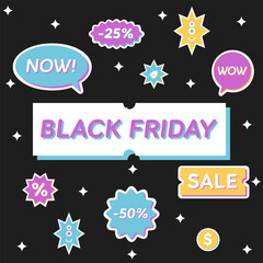 Set of Sale Stickers Retro Design. Cool Trendy Black Friday labels. Vector Sale Badges.