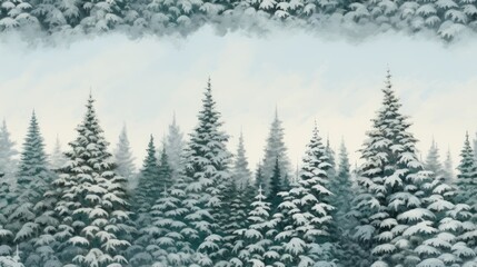  a painting of a snowy forest with evergreens and pine trees in the foreground and clouds in the background.  generative ai