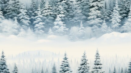  a painting of a snow covered forest with pine trees in the foreground and a foggy sky in the background.  generative ai