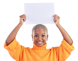 Poster, space and portrait of woman advertising mockup for news, offer or promotion isolated on transparent png background. Happy african model show paper for feedback, sign and announcement about us