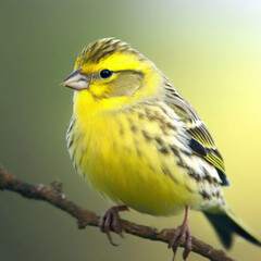 Obraz premium The Atlantic canary (Serinus canaria) is a small, songbird with a yellow-orange body and black wing patches.