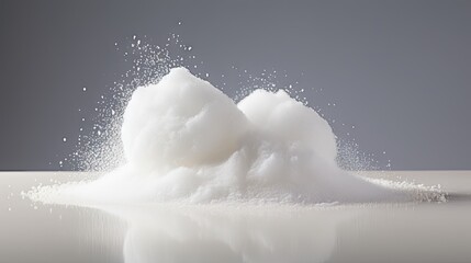  a pile of white powder sitting on top of a table next to a bottle of milk and a spoon on top of a table.  generative ai