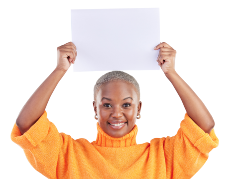 Poster, space and portrait of woman advertising mockup for news, offer or promotion isolated on transparent png background. Happy african model show paper for feedback, sign and announcement about us