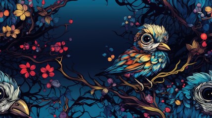 Obraz premium a painting of two owls sitting on a tree branch with red and yellow flowers in the foreground and a blue background. generative ai
