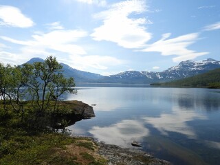 Fototapeta na wymiar Breathtaking aerial view of the tranquil shores of Lake Brostadbotn in Norge
