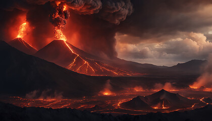 massive volcanic eruption fills the sky with ash and lava, destroying the barren landscape below and creating an intense and foreboding scene of chaos and destruction..