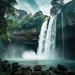 Captivating Waterfall Surrounded by Lush Greenery and Serene Natural Landscape