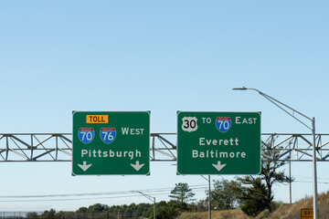 signs in Breezewood, Pennsylvania on I 76, Pennsylvania Turnpike, at the intersection of I 70 - I...