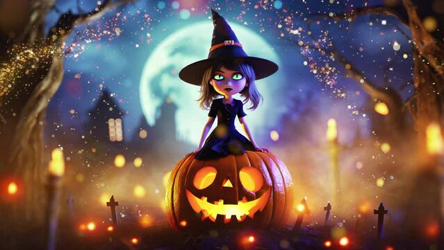 Animated Witch Sitting In Pumpkin Surrounded By Magical Sparkles