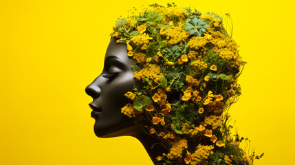 Unity with Nature: Woman and Yellow Florals in Ethereal Atmosphere - obrazy, fototapety, plakaty