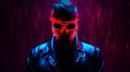 neon outlines, photo of a man in a mask, copy space, 16:9