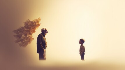 picture of old man and young kid, negative space art, copy space, 16:9 - obrazy, fototapety, plakaty