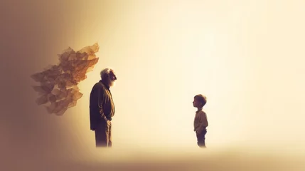 Fotobehang picture of old man and young kid, negative space art, copy space, 16:9 © Christian