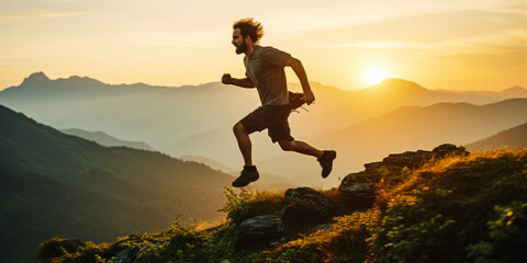 Energetic Young Man Leaping on Mountain Ridge at Sunrise - obrazy, fototapety, plakaty