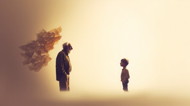 picture of old man and young kid, negative space art, copy space, 16:9