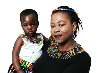African mother, child and culture, beads or jewelry for fashion, traditional face paint or makeup...