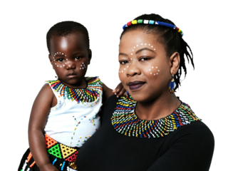 African mother, child and culture, beads or jewelry for fashion, traditional face paint or makeup isolated on transparent png background. Family, mom and girl kid in portrait and pattern for religion