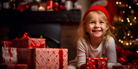 Fototapeta na wymiar Portrait of a cute smiling girl opening Christmas presents, blurred background with lights 